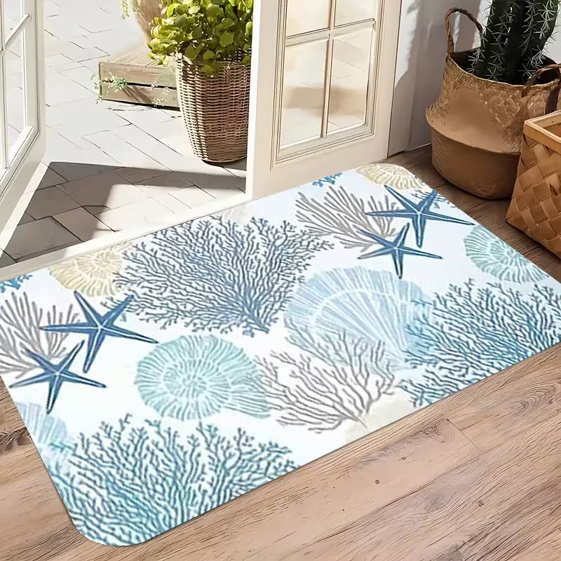 Outdoor Lighting For Front Of House - Light Blue Coral Starfish Seashell Doormat