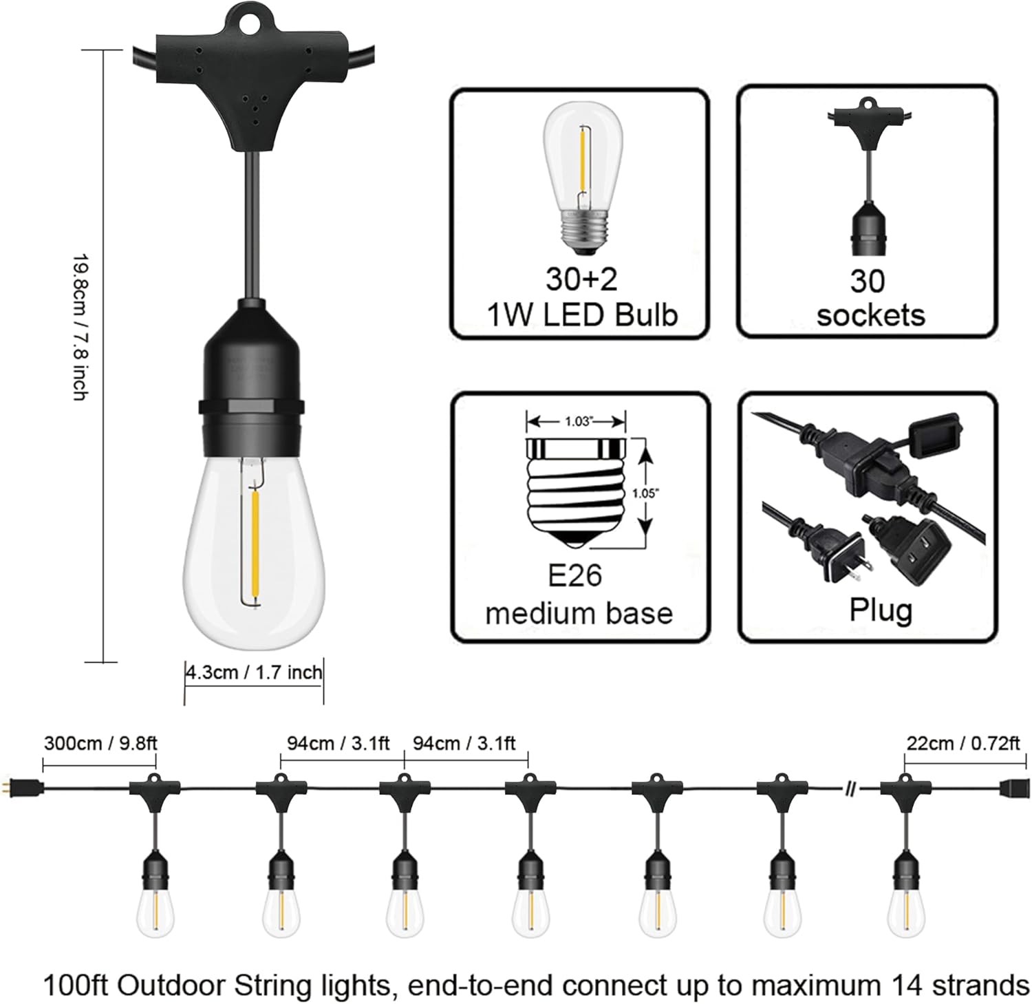 100FT Outdoor String Lights, 3 - Outdoor Lighting Socket のレビューと価格